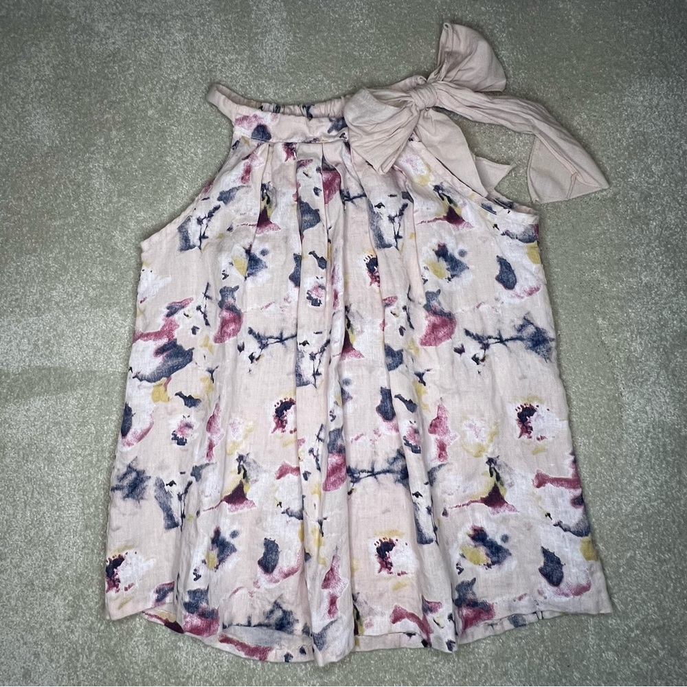 Linen Tank Top Sleeveless‎ Purple Floral Flowy Spring Tie Neck Bellambra XS